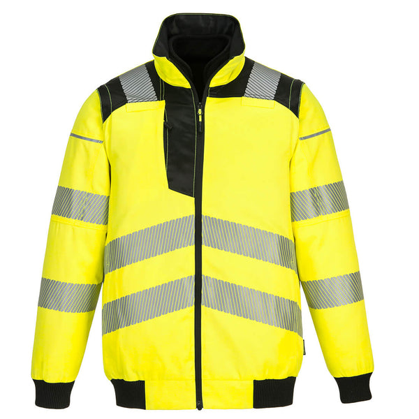 Portwest PW3 hi-vis 3-in-1 pilot jacket in yellow and black with segmented reflective tape.