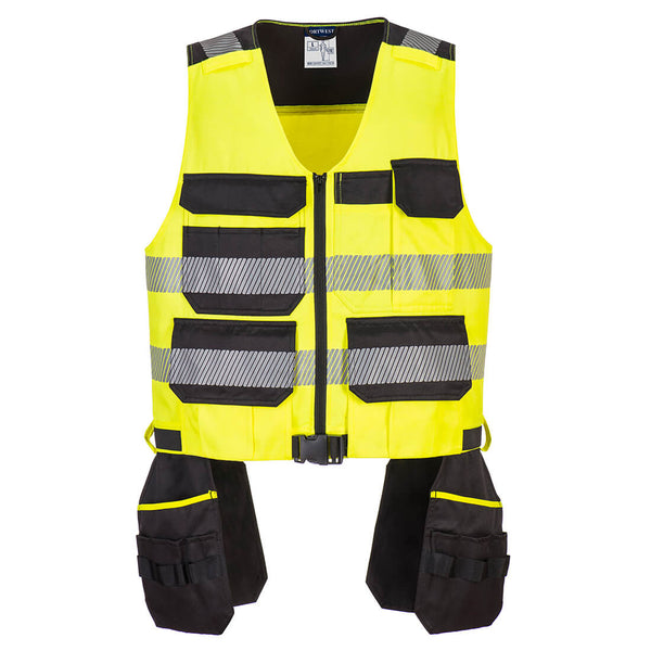 Portwest PW3 hi-vis Class 1 tool vest in yellow and black with multiple storage pockets.