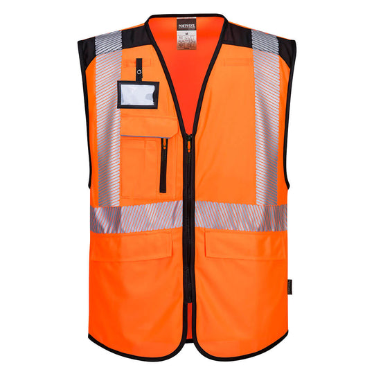 Orange and black Portwest PW3 hi-vis executive vest with ID holder and multiple zip pockets.