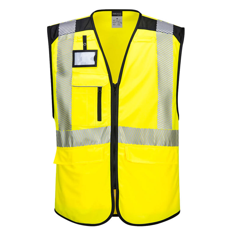 Yellow and black Portwest PW3 hi-vis executive vest with clear ID pocket and reflective trim.
