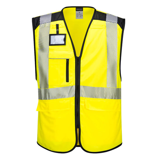 Yellow and black Portwest PW3 hi-vis executive vest with clear ID pocket and reflective trim.