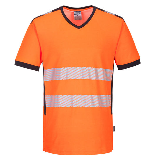 Portwest PW3 hi-vis v-neck t-shirt in orange and black with breathable mesh inserts.