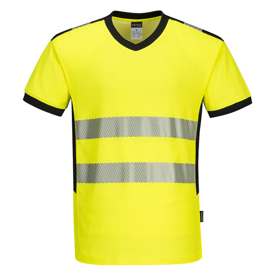Portwest PW3 hi-vis v-neck t-shirt in yellow and black with stylish segmented reflective tape.
