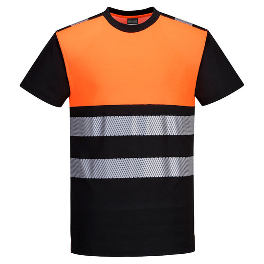 Portwest PW3 hi-vis short-sleeve t-shirt in black and orange with comfortable cotton fabric.