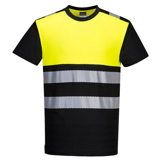 Portwest PW3 hi-vis short-sleeve t-shirt in black and yellow with flexible reflective tape.
