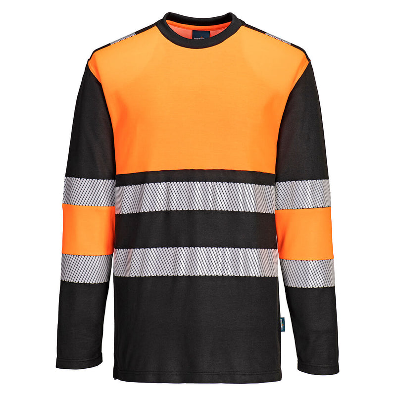 Portwest PW3 hi-vis cotton comfort long-sleeve t-shirt in orange and black for Class 1 safety.