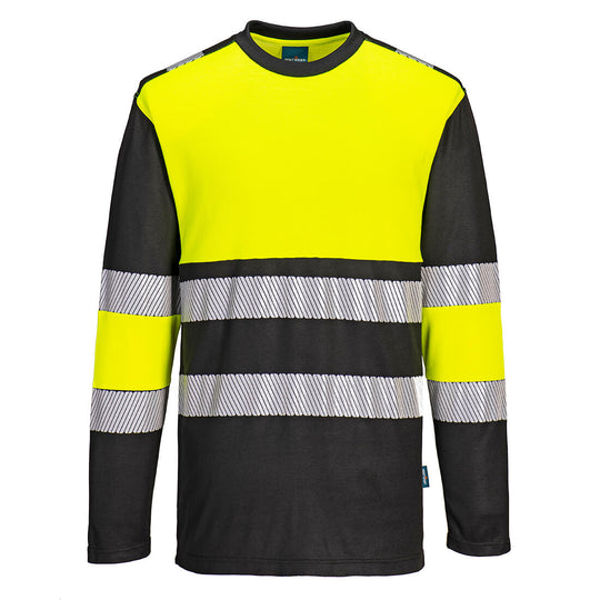 Portwest PW3 hi-vis cotton comfort long-sleeve t-shirt in yellow and black for Class 1 safety.