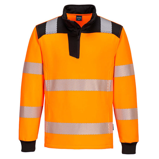 Portwest PW3 hi-vis 1/4 zip sweatshirt in a high-visibility orange and black design.