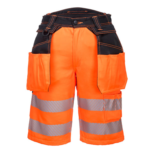 Portwest PW3 Hi-Vis Holster Pocket Shorts PW343 in Orange/Black.