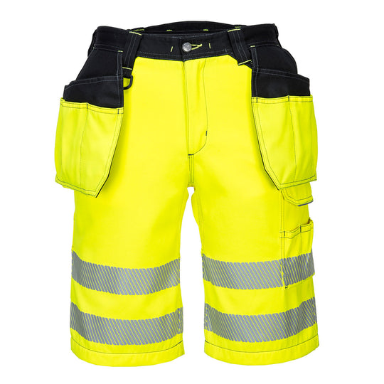 Portwest PW3 Hi-Vis Holster Pocket Shorts PW343 in Yellow/Black.