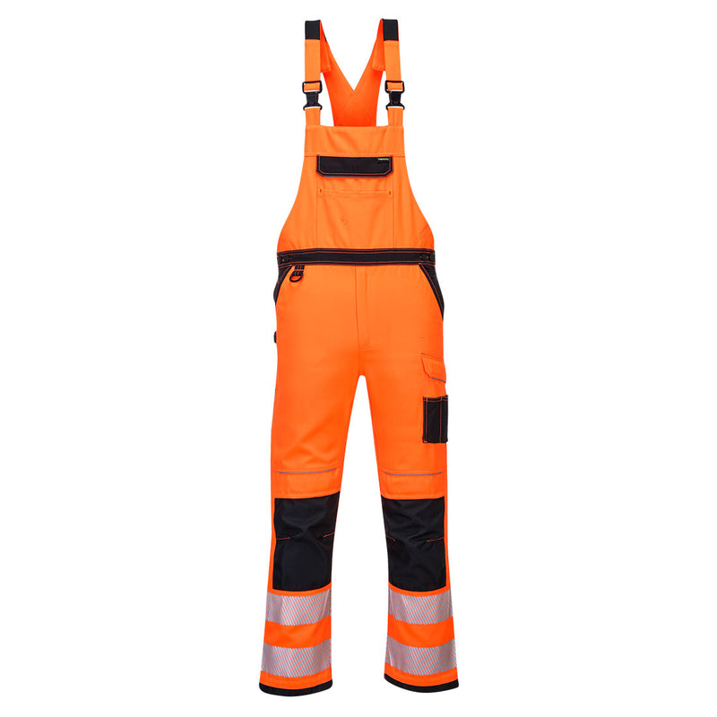 Portwest PW3 Hi-Vis Bib and Brace (PW344) in a high-visibility orange and black combination.