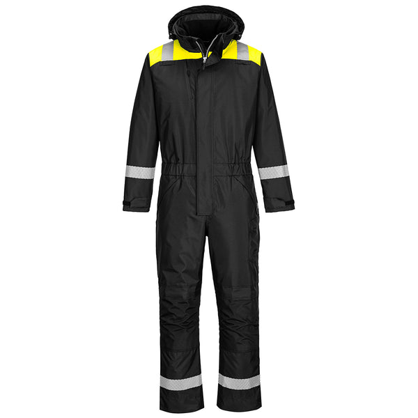 Front view of a black Portwest PW3 Winter Coverall with reflective tape.