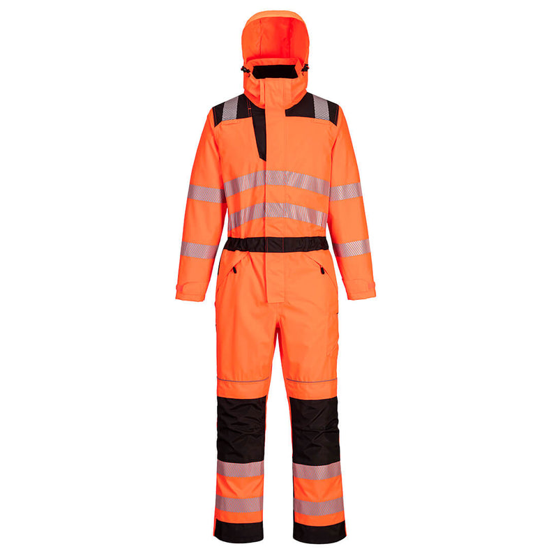 Front view of the Portwest PW355 hi-vis rain coverall in orange and navy.
