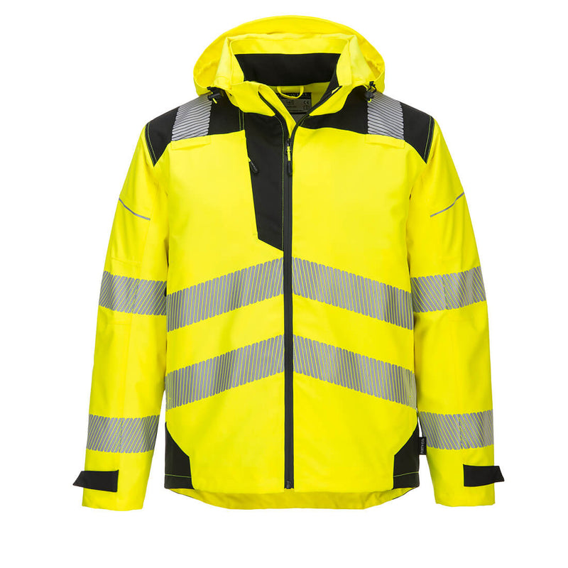 Front view of the Portwest PW36 Vision T-Shirt in high-visibility yellow and black with reflective tape.