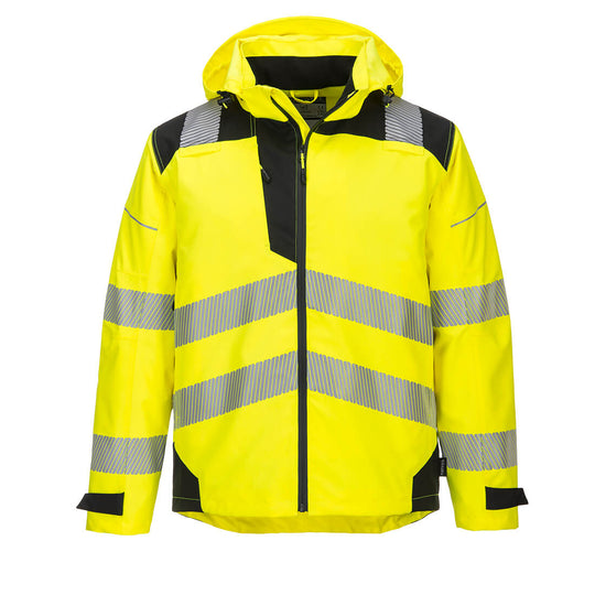 Front view of the Portwest PW36 Vision T-Shirt in high-visibility yellow and black with reflective tape.