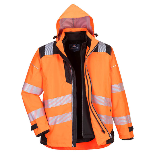 Front view of the Portwest PW3 Hi-Vis 3-in-1 Jacket for high-visibility orange reflective tape.
