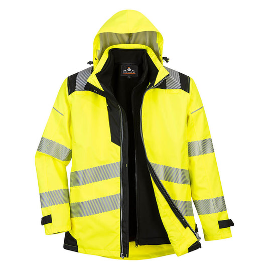 Front view of the Portwest PW3 Hi-Vis 3-in-1 Jacket for high-visibility yellow reflective tape.