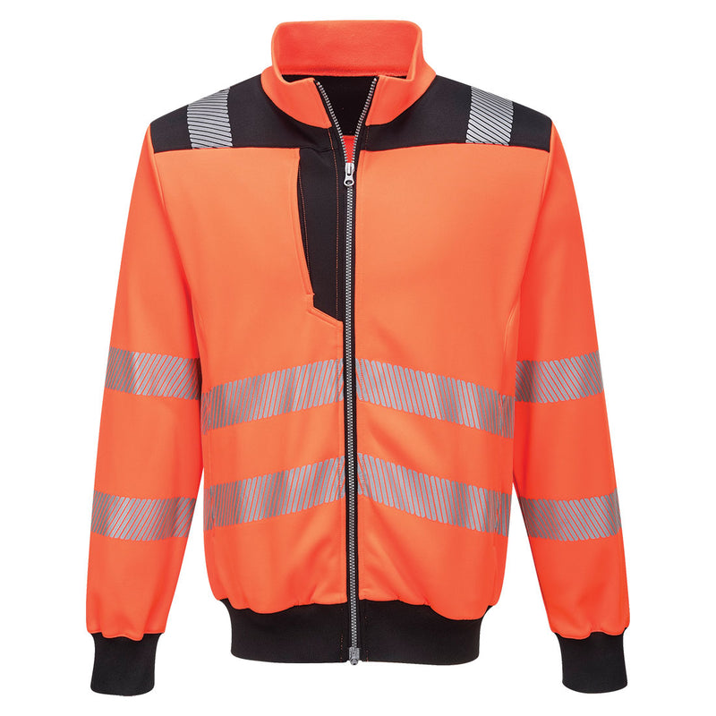 Front view of the Portwest PW3 Hi-Vis Zip Sweatshirt in orange and black.
