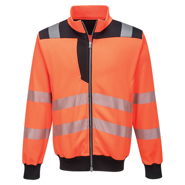 Front view of the Portwest PW3 Hi-Vis Zip Sweatshirt in orange and black.
