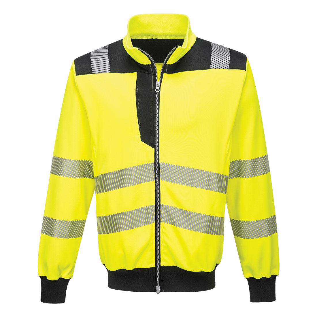 Front view of the Portwest PW3 Hi-Vis Zip Sweatshirt in yellow and black.
