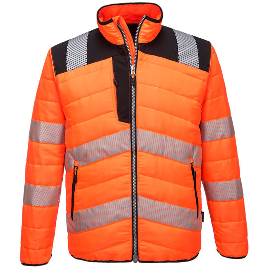 Front view of the Portwest PW3 Hi-Vis Baffle Jacket in orange and black.