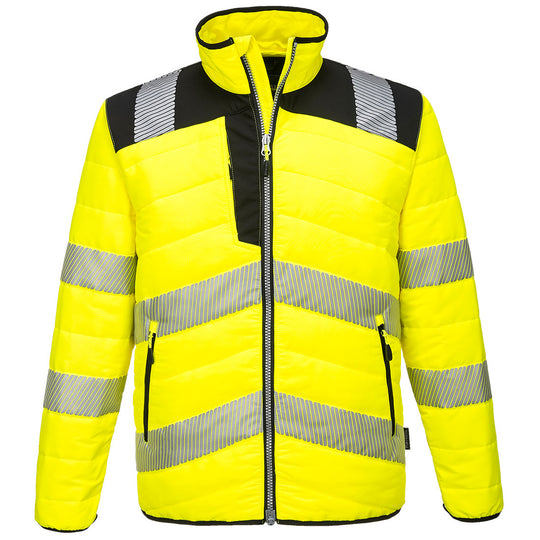 Front view of the Portwest PW3 Hi-Vis Baffle Jacket in yellow and black.
