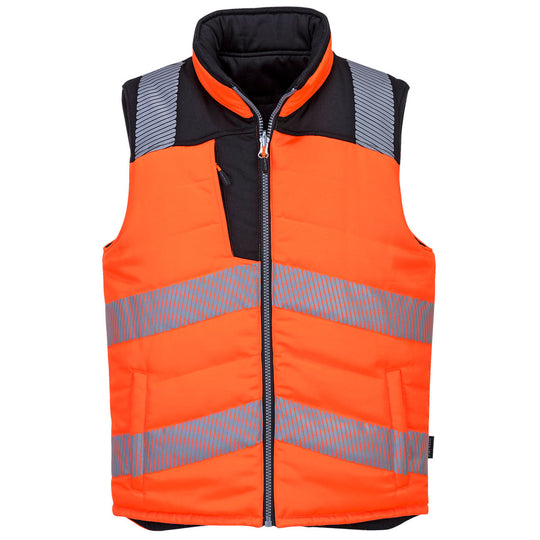 Front view of the Portwest PW3 Hi-Vis Reversible Bodywarmer in orange and black.
