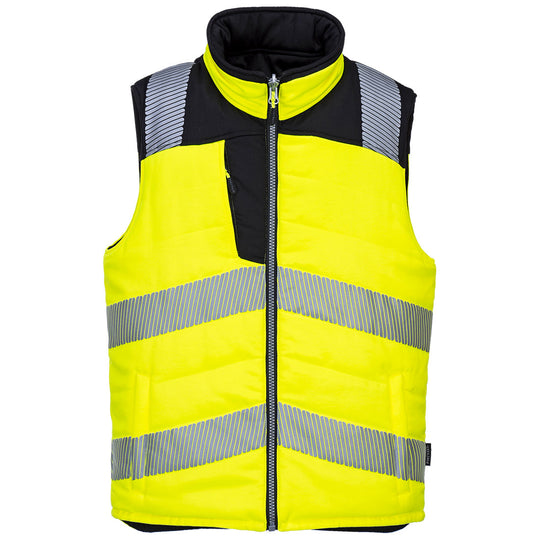 Front view of the Portwest PW3 Hi-Vis Reversible Bodywarmer in yellow and black.