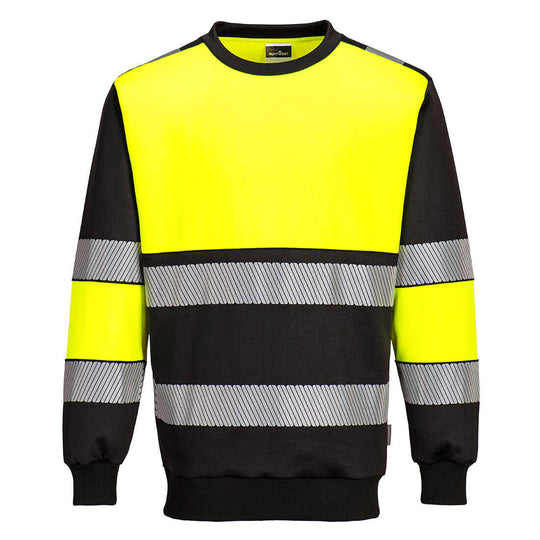 Front view of the Portwest PW3 hi-vis class 1 sweatshirt in yellow and black.