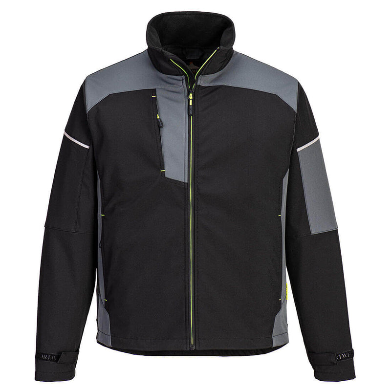 Front view of the Portwest PW3 softshell jacket in black zest details on a model.