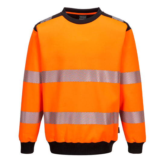 Front view of the Portwest PW3 Hi-Vis Sweatshirt in orange and navy blue.
