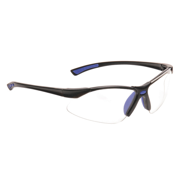 Portwest Bold Pro safety spectacles (PW37) with stylish blue mirrored lenses.