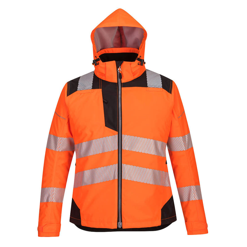 Front view of the Portwest PW3 Hi-Vis Women's Winter Jacket in orange and black.
