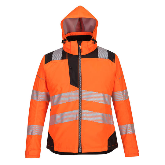 Front view of the Portwest PW3 Hi-Vis Women's Winter Jacket in orange and black.
