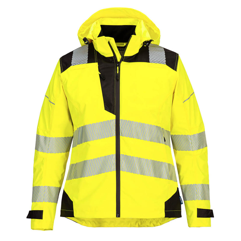Front view of the Portwest PW3 Hi-Vis Women's Rain Jacket in yellow and black.
