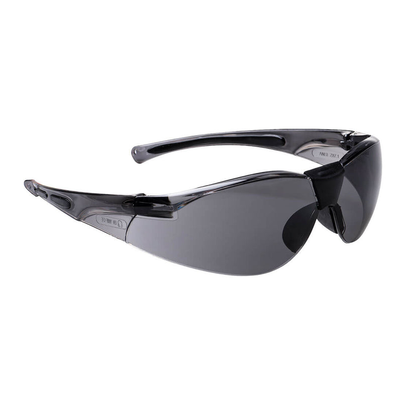 Sleek Portwest Extra wrap-around safety spectacles (PW39) with a smoke lens.