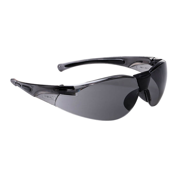 Sleek Portwest Extra wrap-around safety spectacles (PW39) with a smoke lens.