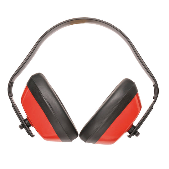 A pair of red Portwest Classic Ear Protector earmuffs (PW40) on a white background.