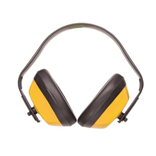 A pair of high-visibility yellow Portwest Classic Ear Protector earmuffs (PW40).