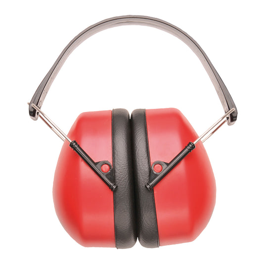 A pair of red Portwest Super Ear Protector earmuffs (PW41) with a black headband.