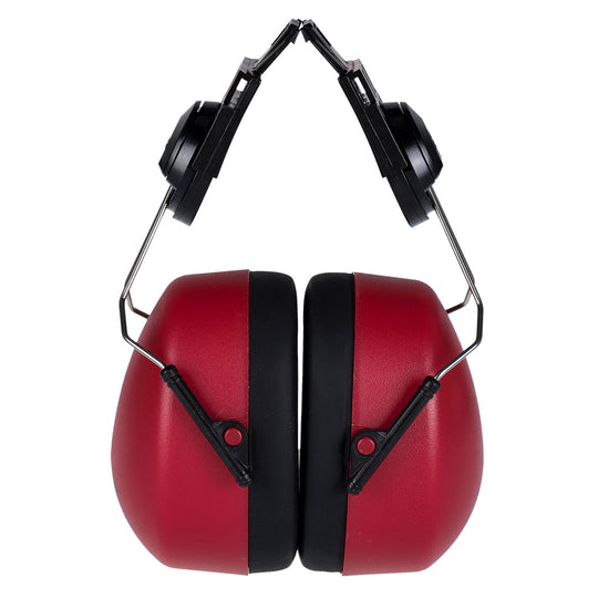 A pair of red Portwest clip-on ear protectors (PW42) designed for safety helmets.