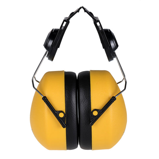A pair of yellow Portwest clip-on ear protectors (PW42) with helmet attachment arms.