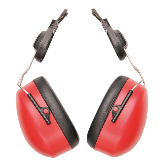 A pair of red Portwest Endurance clip-on ear protectors (PW47) for hard hats.