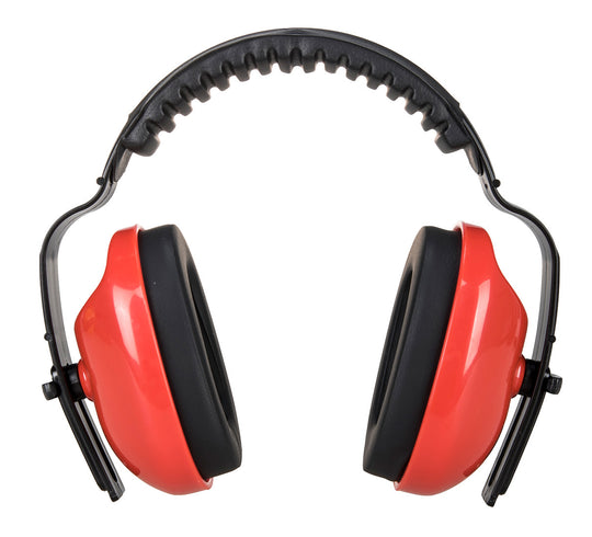 A pair of red Portwest Classic Plus Ear Muffs (PW48) with a slim profile.