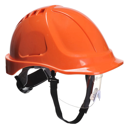 An orange Portwest Endurance Plus Helmet (PW54) with integrated retractable visor.