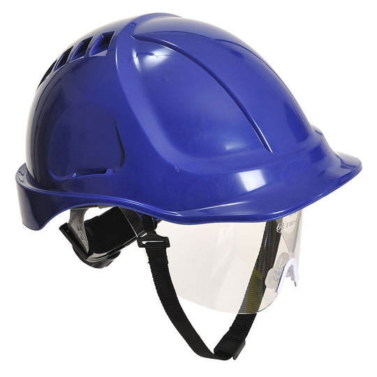 A royal blue Portwest Endurance Plus Helmet (PW54) with integrated retractable visor.