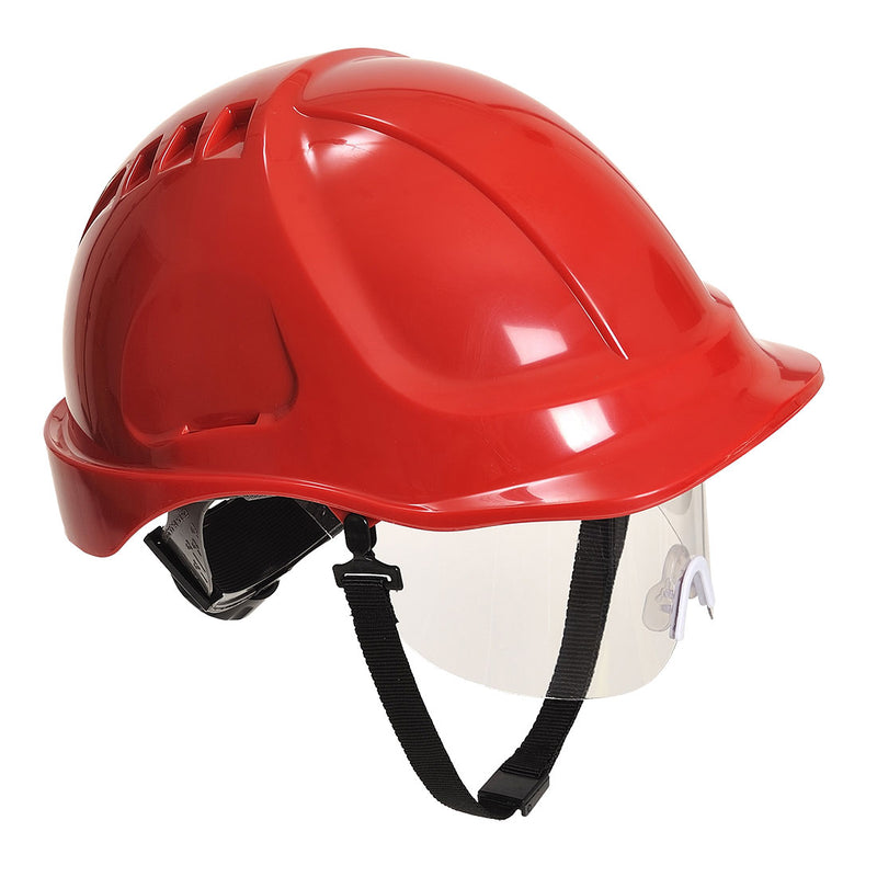 A red Portwest Endurance Plus Helmet (PW54) with integrated retractable visor.
