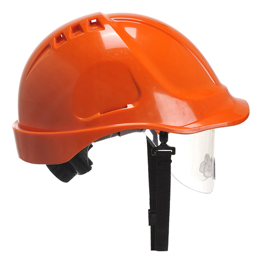An orange Portwest Endurance Helmet (PW55) with a retractable smoke visor shown extended.