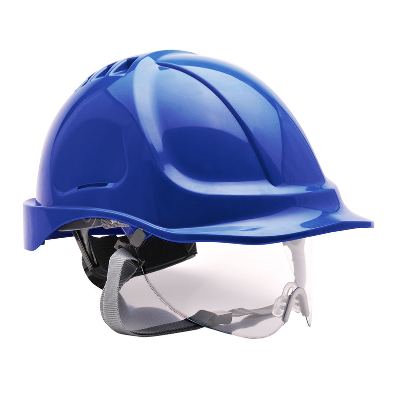 A royal blue Portwest Endurance Helmet (PW55) with a retractable smoke visor.