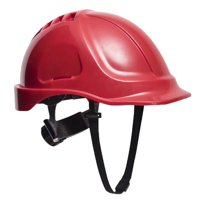A red Portwest Endurance Helmet (PW55) with a retractable smoke visor.